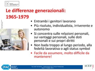 © ACEF Associazione Culturale Economia e Finanza
Riproduzione vietata - Tutti i diritti riservati

Le differenze generazionali:
1965-1979

• Entrambi i genitori lavorano
• Più risoluto, individualista, irriverente e
autonomo
• Si concentra sulle relazioni personali,
sui vantaggi personali, sulle doti
personali e sui propri diritti
• Non bada troppo al lungo periodo, alla
fedeltà lavorativa o agli status symbol
• Facile da assumere, molto difficile da
mantenere!
Tour ACEF 2013/2014 – Organizzazione per lo Studio Professionale
Siena – 31 ottobre 2013

 