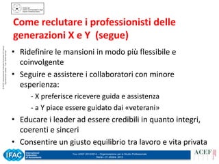 © ACEF Associazione Culturale Economia e Finanza
Riproduzione vietata - Tutti i diritti riservati

Come reclutare i professionisti delle
generazioni X e Y (segue)
• Ridefinire le mansioni in modo più flessibile e
coinvolgente
• Seguire e assistere i collaboratori con minore
esperienza:
- X preferisce ricevere guida e assistenza
- a Y piace essere guidato dai «veterani»

• Educare i leader ad essere credibili in quanto integri,
coerenti e sinceri
• Consentire un giusto equilibrio tra lavoro e vita privata
Tour ACEF 2013/2014 – Organizzazione per lo Studio Professionale
Siena – 31 ottobre 2013

 