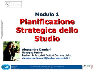 Modulo 1

Pianificazione
Strategica dello
Studio
Alessandra Damiani

Managing Partner
Barbieri & Associati Dottori Commercialisti
alessandra.damiani@barbierieassociati.it

Tour ACEF 2013/2014 – Organizzazione per lo Studio Professionale
Siena – 31 ottobre 2013

1

 