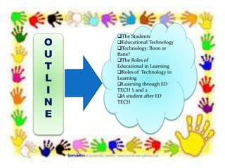 O
U
T
L
I
N
E
The Students
Educational Technology
Technology: Boon or
Bane?
The Roles of
Educational in Learning
Roles of Technology in
Learning
Learning through ED
TECH !1 and 2
A student after ED
TECH
 