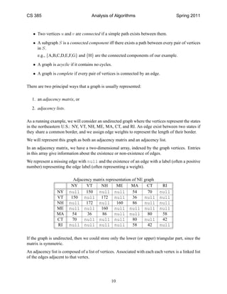 CS 385                                Analysis of Algorithms                           Spring 2011



   • Two vertices u and v are connected if a simple path exists between them.

   • A subgraph S is a connected component iff there exists a path between every pair of vertices
     in S.
      e.g., {A,B,C,D,E,F,G} and {H} are the connected components of our example.

   • A graph is acyclic if it contains no cycles.

   • A graph is complete if every pair of vertices is connected by an edge.

There are two principal ways that a graph is usually represented:

   1. an adjacency matrix, or

   2. adjacency lists.

As a running example, we will consider an undirected graph where the vertices represent the states
in the northeastern U.S.: NY, VT, NH, ME, MA, CT, and RI. An edge exist between two states if
they share a common border, and we assign edge weights to represent the length of their border.
We will represent this graph as both an adjacency matrix and an adjacency list.
In an adjacency matrix, we have a two-dimensional array, indexed by the graph vertices. Entries
in this array give information about the existence or non-existence of edges.
We represent a missing edge with null and the existence of an edge with a label (often a positive
number) representing the edge label (often representing a weight).

                           Adjacency matrix representation of NE graph
                          NY     VT      NH       ME      MA       CT          RI
                 NY      null 150 null null                54      70         null
                 VT       150 null 172 null                36    null         null
                 NH      null 172 null 160                 86    null         null
                 ME      null null 160 null null null                         null
                 MA        54     36      86     null null         80          58
                 CT        70   null null null             80    null          42
                 RI      null null null null               58      42         null


If the graph is undirected, then we could store only the lower (or upper) triangular part, since the
matrix is symmetric.
An adjacency list is composed of a list of vertices. Associated with each each vertex is a linked list
of the edges adjacent to that vertex.




                                                 10
 