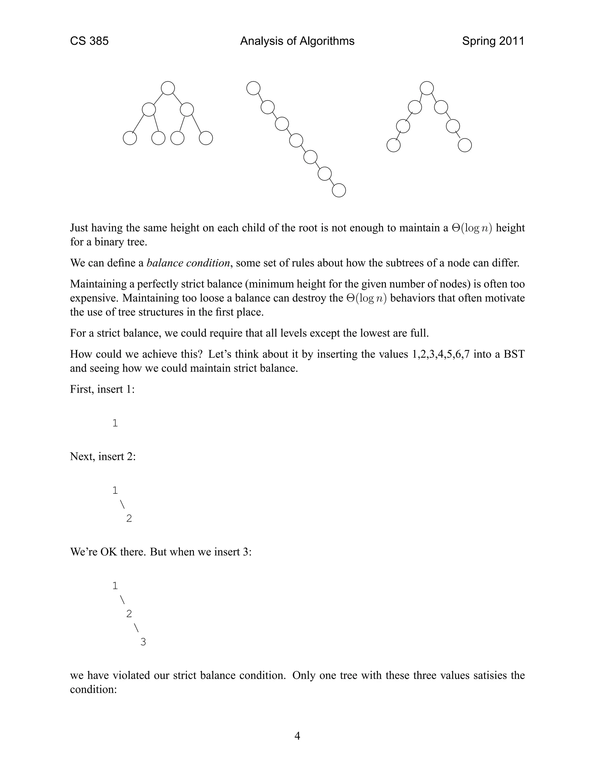 CS 385 Analysis of Algorithms Spring 2011
Just having the same height on each child of the root is not enough to maintain a Θ(log n) height
for a binary tree.
We can deﬁne a balance condition, some set of rules about how the subtrees of a node can differ.
Maintaining a perfectly strict balance (minimum height for the given number of nodes) is often too
expensive. Maintaining too loose a balance can destroy the Θ(log n) behaviors that often motivate
the use of tree structures in the ﬁrst place.
For a strict balance, we could require that all levels except the lowest are full.
How could we achieve this? Let’s think about it by inserting the values 1,2,3,4,5,6,7 into a BST
and seeing how we could maintain strict balance.
First, insert 1:
1
Next, insert 2:
1

2
We’re OK there. But when we insert 3:
1

2

3
we have violated our strict balance condition. Only one tree with these three values satisies the
condition:
4
 