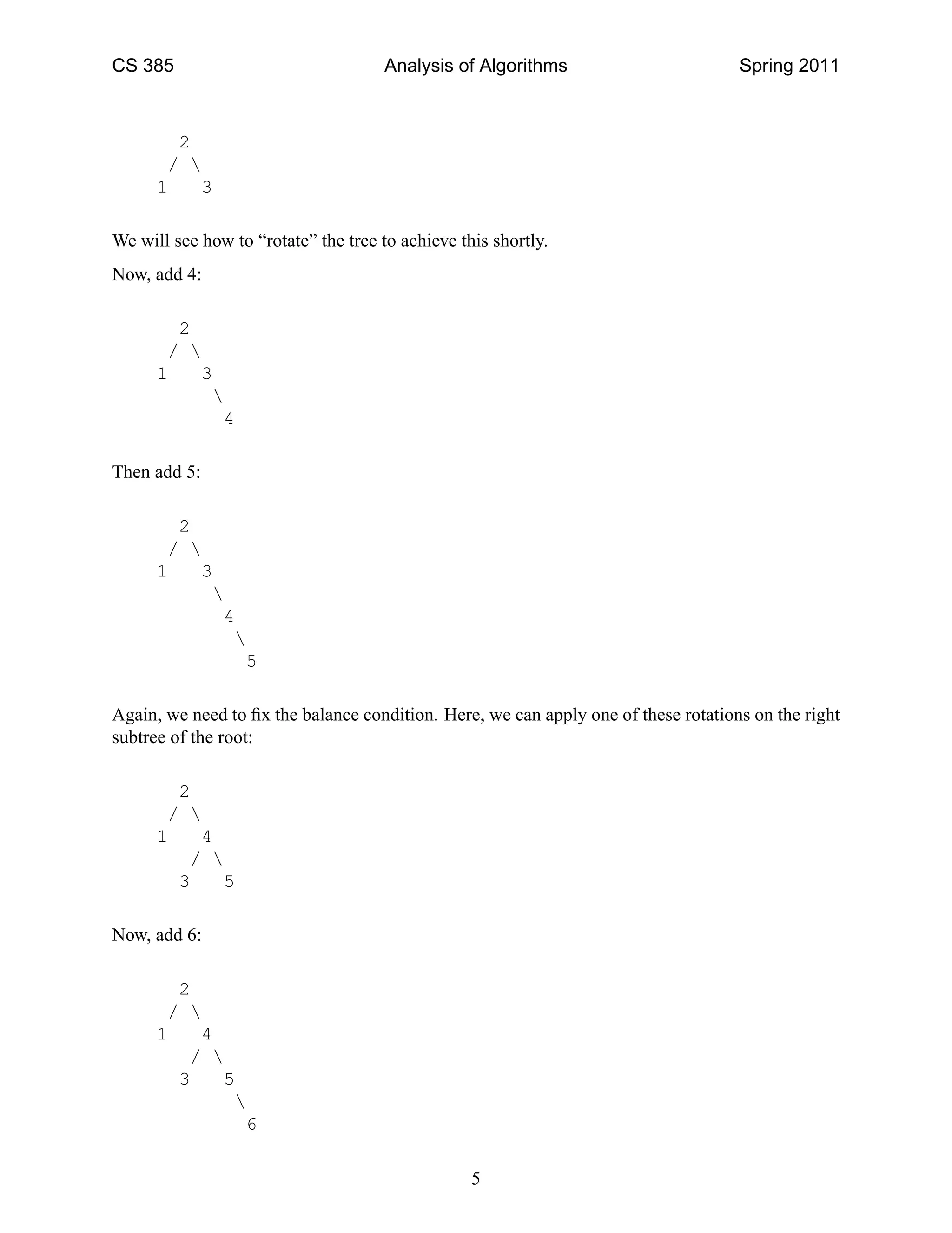 CS 385 Analysis of Algorithms Spring 2011
2
/ 
1 3
We will see how to “rotate” the tree to achieve this shortly.
Now, add 4:
2
/ 
1 3

4
Then add 5:
2
/ 
1 3

4

5
Again, we need to ﬁx the balance condition. Here, we can apply one of these rotations on the right
subtree of the root:
2
/ 
1 4
/ 
3 5
Now, add 6:
2
/ 
1 4
/ 
3 5

6
5
 