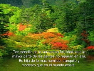 Tan sencilla es la verdadera felicidad, que la
mayor parte de las gentes no reparan en ella.
   Es hija de lo más humilde, tranquilo y
     modesto que en el mundo existe.
 