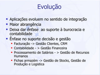 Evolução Aplicações evoluem no sentido de integração Maior abrangência Deixa dar ênfase  ao suporte à burocracia e contabilidade  Ênfase no suporte decisão e gestão Facturação -> Gestão Clientes, CRM Contabilidade - > Gestão Financeira Processamento de Salários - > Gestão de Recursos Humanos Fichas armazém -> Gestão de Stocks, Gestão de Produção e Logistica 