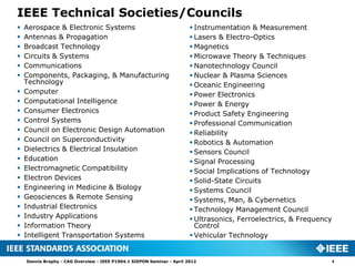IEEE Technical Societies/Councils
   Aerospace & Electronic Systems                                       Instrumentation & Measurement
   Antennas & Propagation                                               Lasers & Electro-Optics
   Broadcast Technology                                                 Magnetics
   Circuits & Systems                                                   Microwave Theory & Techniques
   Communications                                                       Nanotechnology Council
   Components, Packaging, & Manufacturing                               Nuclear & Plasma Sciences
    Technology                                                           Oceanic Engineering
   Computer                                                             Power Electronics
   Computational Intelligence                                           Power & Energy
   Consumer Electronics                                                 Product Safety Engineering
   Control Systems                                                      Professional Communication
   Council on Electronic Design Automation                              Reliability
   Council on Superconductivity                                         Robotics & Automation
   Dielectrics & Electrical Insulation                                  Sensors Council
   Education                                                            Signal Processing
   Electromagnetic Compatibility                                        Social Implications of Technology
   Electron Devices                                                     Solid-State Circuits
   Engineering in Medicine & Biology                                    Systems Council
   Geosciences & Remote Sensing                                         Systems, Man, & Cybernetics
   Industrial Electronics                                               Technology Management Council
   Industry Applications                                                Ultrasonics, Ferroelectrics, & Frequency
   Information Theory                                                    Control
   Intelligent Transportation Systems                                   Vehicular Technology


    Dennis Brophy - CAG Overview - IEEE P1904.1 SIEPON Seminar - April 2012                                          4
 