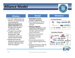 Alliance Model

          Mission                              Model                            Members
 • The IEEE 1588 Conformity        • Build Alliance around                Founding Members
   Alliance  currently focuses       Standard’s applications
   on providing the                • Driven by Industry as well as 
                                     several IEEE working group 
   telecommunication &               members
   power industries with a         • Industry recognized ‐
   timing & sync product             Committee of Experts provides 
   certification mark.               additional level of integrity to 
 • The goal is to provide            test specs, documents and 
   Industry a forum to               overall certification                Committee of Experts
   develop IEEE 1588               • Develop test requirement 
   certification tests and           documents, test case 
                                     templates, test setup 
   testing‐related profiles          documents
 • Market demand will              • Formal review processes to 
   dictate the next vertical in      ensure highest integrity of test 
   the IEEE 1588 space that          suite
   ICAP will support.              • End goal: Certification, Marking  
                                     & Marketing of conformant 
                                     products


  2012                             IEEE Conformity Assessment Program                            13
 