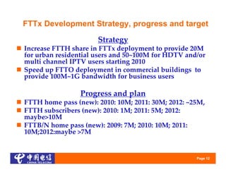 FTTx Development Strategy, progress and target
                        Strategy
 Increase FTTH share in FTTx deployment to provide 20M 
  for urban residential users and 50~100M for HDTV and/or 
  multi channel IPTV users starting 2010
 Speed up FTTO deployment in commercial buildings  to 
  provide 100M~1G bandwidth for business users

                   Progress and plan
 FTTH home pass (new): 2010: 10M; 2011: 30M; 2012: ~25M, 
 FTTH subscribers (new): 2010: 1M; 2011: 5M; 2012: 
  maybe>10M
 FTTB/N home pass (new): 2009: 7M; 2010: 10M; 2011: 
  10M;2012:maybe >7M


                                                       Page 12
 