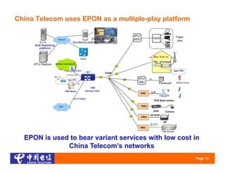 China Telecom uses EPON as a multiple-play platform




  EPON is used to bear variant services with low cost in
              China Telecom's networks
                                                      Page 13
 