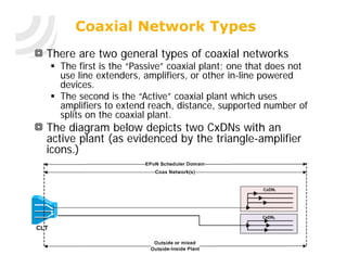 Coaxial Network Types
There are two general types of coaxial networks
 The first is the “Passive” coaxial plant; one that does not
  use line extenders, amplifiers, or other in-line powered
  devices.
 The second is the “Active” coaxial plant which uses
  amplifiers to extend reach, distance, supported number of
  splits on the coaxial plant.
The diagram below depicts two CxDNs with an
active plant (as evidenced by the triangle-amplifier
icons.)
 