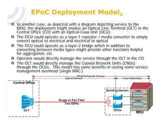 EPoC Deployment Model2
In another case, as depicted with a diagram depicting service to the
MDU, the deployment might involve an Optical Line Terminal (OLT) in the
Central Office (CO) with an Optical-Coax Unit (OCU).
The OCU could operate as a layer-1 repeater / media converter to simply
convert optical to electrical and electrical to optical.
The OCU could operate as a layer-2 bridge which in addition to
converting between media types might provide other functions helpful
for aggregation, etc.
Operator would directly manage the service through the OLT in the CO.
The OLT would directly manage the Coaxial Network Units (CNUs)
through the OCUs. This model has some benefits in easing some service
management overhead (single MAC.)
 