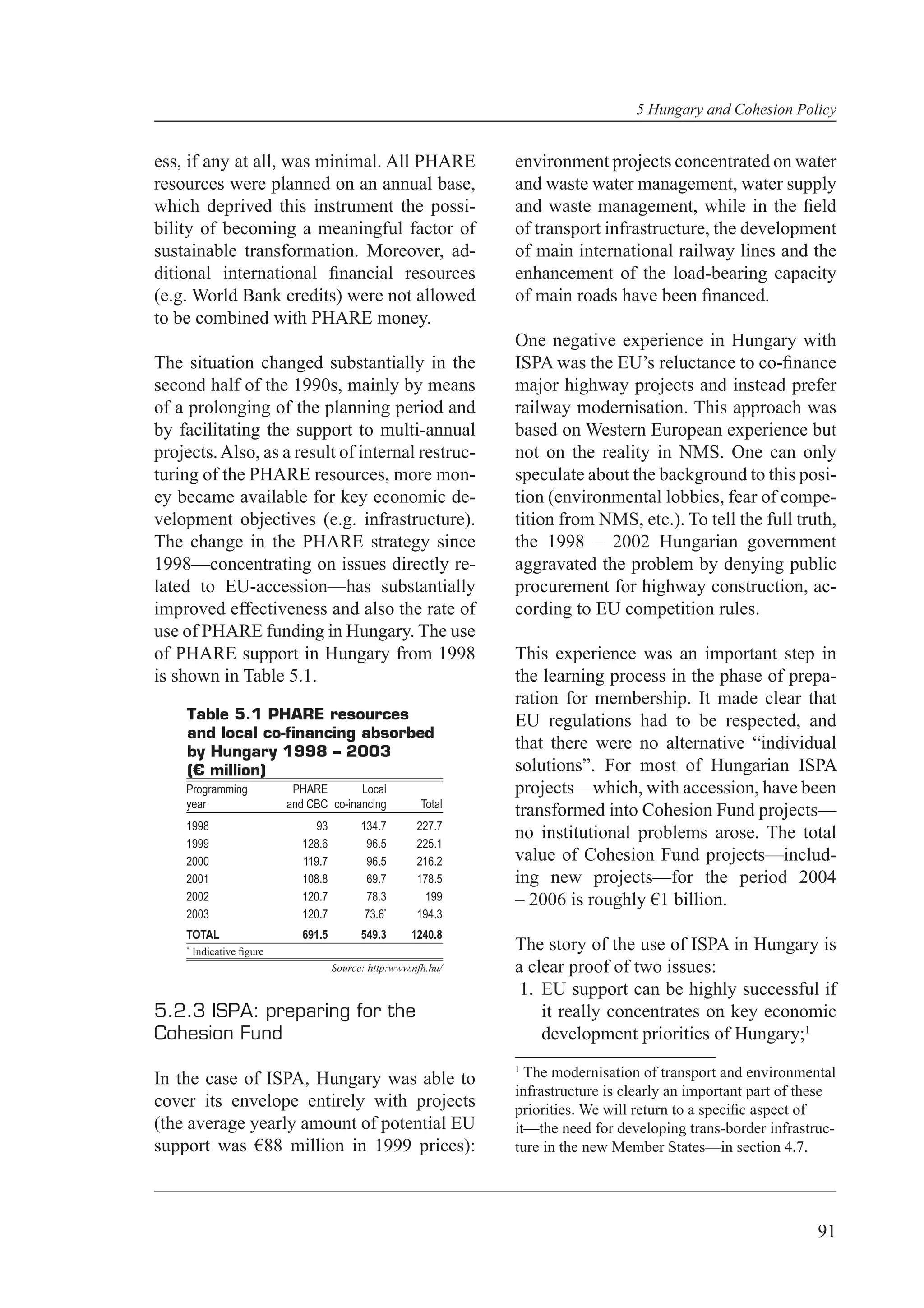5 Hungary and Cohesion Policy


ess, if any at all, was minimal. All PHARE                       environment projects concentrated on water
resources were planned on an annual base,                        and waste water management, water supply
which deprived this instrument the possi-                        and waste management, while in the ﬁeld
bility of becoming a meaningful factor of                        of transport infrastructure, the development
sustainable transformation. Moreover, ad-                        of main international railway lines and the
ditional international ﬁnancial resources                        enhancement of the load-bearing capacity
(e.g. World Bank credits) were not allowed                       of main roads have been ﬁnanced.
to be combined with PHARE money.
                                                                 One negative experience in Hungary with
The situation changed substantially in the                       ISPA was the EU’s reluctance to co-ﬁnance
second half of the 1990s, mainly by means                        major highway projects and instead prefer
of a prolonging of the planning period and                       railway modernisation. This approach was
by facilitating the support to multi-annual                      based on Western European experience but
projects. Also, as a result of internal restruc-                 not on the reality in NMS. One can only
turing of the PHARE resources, more mon-                         speculate about the background to this posi-
ey became available for key economic de-                         tion (environmental lobbies, fear of compe-
velopment objectives (e.g. infrastructure).                      tition from NMS, etc.). To tell the full truth,
The change in the PHARE strategy since                           the 1998 – 2002 Hungarian government
1998—concentrating on issues directly re-                        aggravated the problem by denying public
lated to EU-accession—has substantially                          procurement for highway construction, ac-
improved effectiveness and also the rate of                      cording to EU competition rules.
use of PHARE funding in Hungary. The use
of PHARE support in Hungary from 1998                            This experience was an important step in
is shown in Table 5.1.                                           the learning process in the phase of prepa-
                                                                 ration for membership. It made clear that
    Table 5.1 PHARE resources                                    EU regulations had to be respected, and
    and local co-ﬁnancing absorbed
    by Hungary 1998 – 2003
                                                                 that there were no alternative “individual
    (€ million)                                                  solutions”. For most of Hungarian ISPA
    Programming             PHARE        Local                   projects—which, with accession, have been
    year                   and CBC co-inancing           Total
                                                                 transformed into Cohesion Fund projects—
    1998                         93         134.7       227.7
                                                                 no institutional problems arose. The total
    1999                      128.6          96.5       225.1
    2000                      119.7          96.5       216.2    value of Cohesion Fund projects—includ-
    2001                      108.8          69.7       178.5    ing new projects—for the period 2004
    2002                      120.7          78.3         199    – 2006 is roughly €1 billion.
    2003                      120.7          73.6*      194.3
    TOTAL                     691.5         549.3      1240.8
    *
        Indicative ﬁgure                                         The story of the use of ISPA in Hungary is
                                      Source: http:www.nfh.hu/   a clear proof of two issues:
                                                                  1. EU support can be highly successful if
5.2.3 ISPA: preparing for the                                        it really concentrates on key economic
Cohesion Fund                                                        development priorities of Hungary;1
                                                                 1
In the case of ISPA, Hungary was able to                           The modernisation of transport and environmental
                                                                 infrastructure is clearly an important part of these
cover its envelope entirely with projects                        priorities. We will return to a speciﬁc aspect of
(the average yearly amount of potential EU                       it—the need for developing trans-border infrastruc-
support was €88 million in 1999 prices):                         ture in the new Member States—in section 4.7.




                                                                                                                  91
 