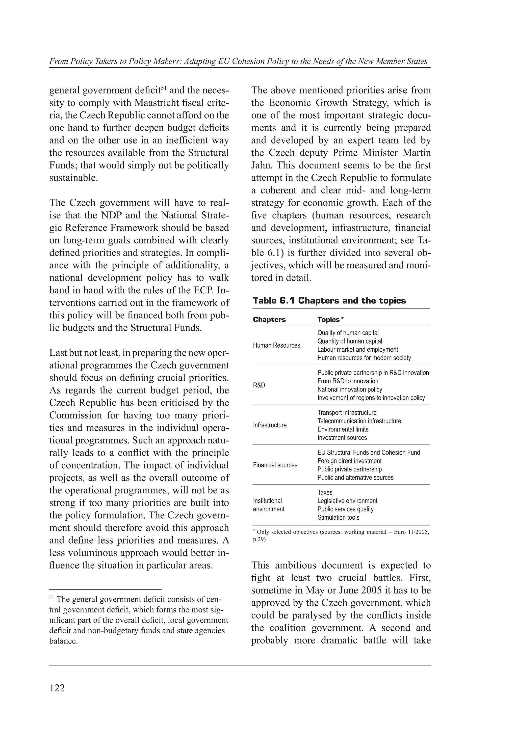 From Policy Takers to Policy Makers: Adapting EU Cohesion Policy to the Needs of the New Member States


general government deﬁcit51 and the neces-             The above mentioned priorities arise from
sity to comply with Maastricht ﬁscal crite-            the Economic Growth Strategy, which is
ria, the Czech Republic cannot afford on the           one of the most important strategic docu-
one hand to further deepen budget deﬁcits              ments and it is currently being prepared
and on the other use in an inefﬁcient way              and developed by an expert team led by
the resources available from the Structural            the Czech deputy Prime Minister Martin
Funds; that would simply not be politically            Jahn. This document seems to be the ﬁrst
sustainable.                                           attempt in the Czech Republic to formulate
                                                       a coherent and clear mid- and long-term
The Czech government will have to real-                strategy for economic growth. Each of the
ise that the NDP and the National Strate-              ﬁve chapters (human resources, research
gic Reference Framework should be based                and development, infrastructure, ﬁnancial
on long-term goals combined with clearly               sources, institutional environment; see Ta-
deﬁned priorities and strategies. In compli-           ble 6.1) is further divided into several ob-
ance with the principle of additionality, a            jectives, which will be measured and moni-
national development policy has to walk                tored in detail.
hand in hand with the rules of the ECP. In-
terventions carried out in the framework of            Table 6.1 Chapters and the topics
this policy will be ﬁnanced both from pub-             Chapters                 Topics*
lic budgets and the Structural Funds.                                           Quality of human capital
                                                                                Quantity of human capital
                                                       Human Resources
                                                                                Labour market and employment
Last but not least, in preparing the new oper-                                  Human resources for modern society
ational programmes the Czech government
                                                                                Public private partnership in R&D innovation
should focus on deﬁning crucial priorities.                                     From R&D to innovation
                                                       R&D
As regards the current budget period, the                                       National innovation policy
                                                                                Involvement of regions to innovation policy
Czech Republic has been criticised by the
                                                                                Transport infrastructure
Commission for having too many priori-                                          Telecommunication infrastructure
                                                       Infrastructure
ties and measures in the individual opera-                                      Environmental limits
                                                                                Investment sources
tional programmes. Such an approach natu-
rally leads to a conﬂict with the principle                                     EU Structural Funds and Cohesion Fund
                                                                                Foreign direct investment
of concentration. The impact of individual             Financial sources
                                                                                Public private partnership
projects, as well as the overall outcome of                                     Public and alternative sources
the operational programmes, will not be as                                      Taxes
strong if too many priorities are built into           Institutional            Legislative environment
                                                       environment              Public services quality
the policy formulation. The Czech govern-                                       Stimulation tools
ment should therefore avoid this approach              *
                                                         Only selected objectives (sources: working material – Euro 11/2005,
and deﬁne less priorities and measures. A              p.29)

less voluminous approach would better in-
ﬂuence the situation in particular areas.              This ambitious document is expected to
                                                       ﬁght at least two crucial battles. First,
                                                       sometime in May or June 2005 it has to be
51
  The general government deﬁcit consists of cen-       approved by the Czech government, which
tral government deﬁcit, which forms the most sig-
niﬁcant part of the overall deﬁcit, local government
                                                       could be paralysed by the conﬂicts inside
deﬁcit and non-budgetary funds and state agencies      the coalition government. A second and
balance.                                               probably more dramatic battle will take



122
 