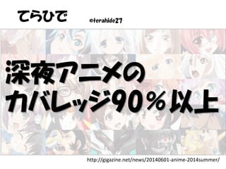てらひで @terahide27
http://gigazine.net/news/20140601-anime-2014summer/
深夜アニメの
カバレッジ90％以上
 