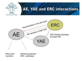 AE
ERC
YAE
ERC Starting Grantees
founded YAE
ERC panel
members
Mentoring potential
ERC candidates
 