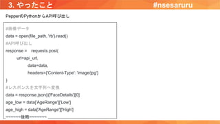 3. やったこと
#画像データ
data = open(file_path, 'rb').read()
#API呼び出し
response = requests.post(
url=api_url,
data=data,
headers={'Content-Type': 'image/jpg'}
)
#レスポンスを文字列へ変換
data = response.json()['FaceDetails'][0]
age_low = data['AgeRange']['Low']
age_high = data['AgeRange']['High']
~~~~~~後略~~~~~~~
PepperのPythonからAPI呼び出し
#nsesaruru
 