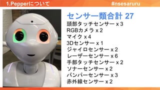 1.Pepperについて
センサー類合計 27
頭部タッチセンサー x 3
RGBカメラ x 2
マイク x 4
3Dセンサー x 1
ジャイロセンサー x 2
レーザーセンサー x 6
手部タッチセンサー x 2
ソナーセンサー x 2
バンパーセンサー x 3
赤外線センサー x 2
#nsesaruru
 