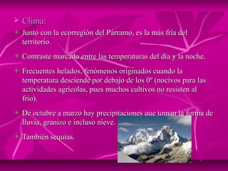    Clima:
   Junto con la ecorregión del Párramo, es la más fría del
    territorio.
   Contraste marcado entre las temperaturas del día y la noche.
   Frecuentes helados, fenómenos originados cuando la
    temperatura desciende por debajo de los 0º (nocivos para las
    actividades agrícolas, pues muchos cultivos no resisten al
    frío).
   De octubre a marzo hay precipitaciones que toman la forma de
    lluvia, granizo e incluso nieve.
   También sequías.
 