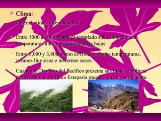    Clima:
    Posee 3 climas diferenciados:

   Entre 1000 a 3000 msnm es templado sub - húmedo, con
    temperaturas altas y precipitaciones bajas.
   Entre 3,000 y 3,800 msnm es frío, con bajas temperaturas,
    veranos lluviosos e inviernos secos.
   Cuando el Desierto del Pacífico presenta sus típicas neblinas
    de invierno, la Serranía Esteparia muestra un sol permanente.
 