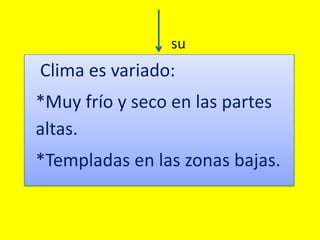 Clima es variado:
*Muy frío y seco en las partes
altas.
*Templadas en las zonas bajas.
su