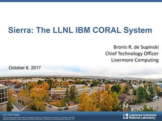 LLNL-PRES-738369
This work was performed under the auspices of the U.S. Department of Energy by Lawrence Livermore
National Laboratory under contract DE-AC52-07NA27344. Lawrence Livermore National Security, LLC
Sierra: The LLNL IBM CORAL System
Bronis R. de Supinski
Chief Technology Officer
Livermore Computing
October 6, 2017
 
