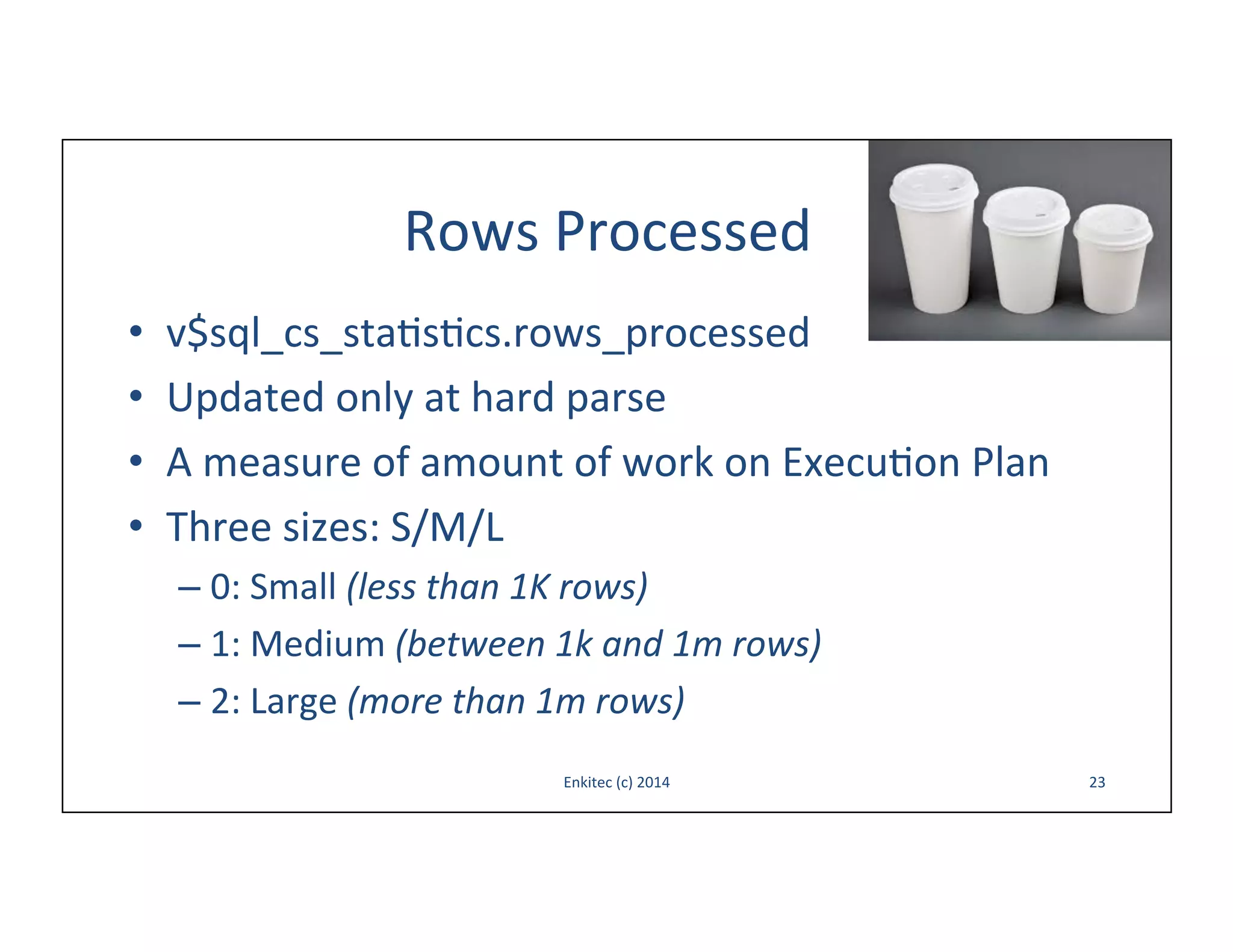 Rows	
  Processed	
  
• 
• 
• 
• 

v$sql_cs_sta-s-cs.rows_processed	
  
Updated	
  only	
  at	
  hard	
  parse	
  
A	
  measure	
  of	
  amount	
  of	
  work	
  on	
  Execu-on	
  Plan	
  
Three	
  sizes:	
  S/M/L	
  
–  0:	
  Small	
  (less	
  than	
  1K	
  rows)	
  
–  1:	
  Medium	
  (between	
  1k	
  and	
  1m	
  rows)	
  
–  2:	
  Large	
  (more	
  than	
  1m	
  rows)	
  
Enkitec	
  (c)	
  2014	
  

23	
  

 