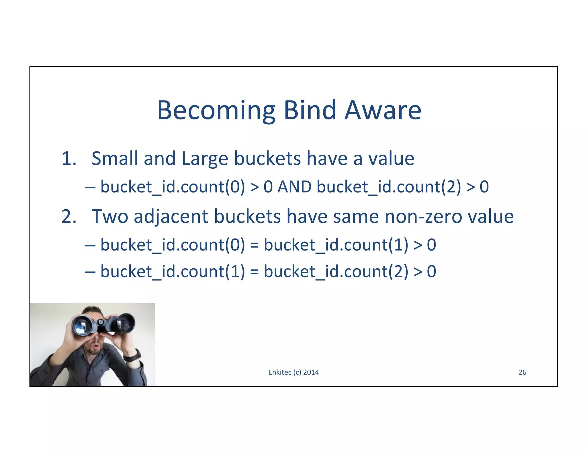 Becoming	
  Bind	
  Aware	
  
1.  Small	
  and	
  Large	
  buckets	
  have	
  a	
  value	
  
–  bucket_id.count(0)	
  >	
  0	
  AND	
  bucket_id.count(2)	
  >	
  0	
  

2.  Two	
  adjacent	
  buckets	
  have	
  same	
  non-­‐zero	
  value	
  
–  bucket_id.count(0)	
  =	
  bucket_id.count(1)	
  >	
  0	
  
–  bucket_id.count(1)	
  =	
  bucket_id.count(2)	
  >	
  0	
  	
  

Enkitec	
  (c)	
  2014	
  

26	
  

 