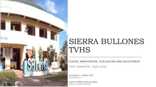 SIERRA BULLONES
TVHS
SCHOOL MONITORING, EVALUATION AND ADJUSTMENT
FIRST QUARTER | 2021-2022
J E F FO R D S . C A Ñ A S P H D
P R I N C I PA L I I
J O N I EL N I Ñ O H O R A B L AWI S
S M E A C O O R D I N ATO R
 