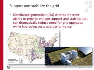Support and stabilize the grid

• Distributed generation (DG) with its inherent
  ability to provide voltage support and stabilization,
  can dramatically reduce need for grid upgrades
  while improving costs and performance
 