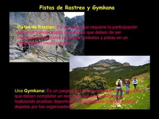 Una  Gymkana:   Es un juego que se disputa entre varios equipos, que deben completar un recorrido salvando obstáculos, realizando pruebas deportivas y orientándose gracias a pistas dejadas por los organizadores .   Pistas de Rastreo:  Es un juego que requiere la participación activa de varios grupos de jóvenes que deben de ser capaces de orientarse mediante símbolos y pistas en un determinado medio natural .   Pistas de Rastreo y Gymkana 