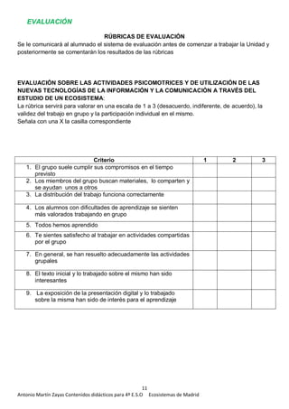 11
Antonio Martín Zayas Contenidos didácticos para 4º E.S.O Ecosistemas de Madrid
EVALUACIÓN
RÚBRICAS DE EVALUACIÓN
Se le comunicará al alumnado el sistema de evaluación antes de comenzar a trabajar la Unidad y
posteriormente se comentarán los resultados de las rúbricas
EVALUACIÓN SOBRE LAS ACTIVIDADES PSICOMOTRICES Y DE UTILIZACIÓN DE LAS
NUEVAS TECNOLOGÍAS DE LA INFORMACIÓN Y LA COMUNICACIÓN A TRAVÉS DEL
ESTUDIO DE UN ECOSISTEMA:
La rúbrica servirá para valorar en una escala de 1 a 3 (desacuerdo, indiferente, de acuerdo), la
validez del trabajo en grupo y la participación individual en el mismo.
Señala con una X la casilla correspondiente
Criterio 1 2 3
1. El grupo suele cumplir sus compromisos en el tiempo
previsto
2. Los miembros del grupo buscan materiales, lo comparten y
se ayudan unos a otros
3. La distribución del trabajo funciona correctamente
4. Los alumnos con dificultades de aprendizaje se sienten
más valorados trabajando en grupo
5. Todos hemos aprendido
6. Te sientes satisfecho al trabajar en actividades compartidas
por el grupo
7. En general, se han resuelto adecuadamente las actividades
grupales
8. El texto inicial y lo trabajado sobre el mismo han sido
interesantes
9. La exposición de la presentación digital y lo trabajado
sobre la misma han sido de interés para el aprendizaje
 