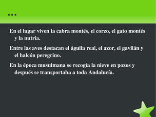 ... En el lugar viven la cabra montés, el corzo, el gato montés y la nutria. Entre las aves destacan el águila real, el azor, el gavilán y el halcón peregrino. En la época musulmana se recogía la nieve en pozos y después se transportaba a toda Andalucía. 