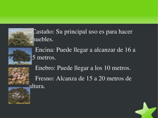Castaño: Su principal uso es para hacer  muebles. Encina: Puede llegar a alcanzar de 16 a  25 metros. Enebro: Puede llegar a los 10 metros. Fresno: Alcanza de 15 a 20 metros de  altura. 