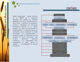 2
SIERRA EXPORTADORA
Sierra exportadora , creada mediante
ley Nº 28890, es el resultado
concreto del interés del supremo
gobierno en apoyar el desarrollo de la
zona andina, a través de la promoción,
fomento y desarrollo de actividades
económicas rurales en la sierra
peruana, así como las actividades de
transformación e industrialización de
productos que se obtengan en estas
actividades de transformación e
industrialización de productos que se
obtengan en estas actividades que
permitan constituir mercados
nacionales y de exportación como
instrumento de lucha contra la
pobreza y de generación de empleo
productivo
CONTENIDO
GENERALIDADES
Antecedentes
MARCO ESTRATEGICO
Visión
Campo De Intervención
Misión Objetivos Estratégico Público Objetivo
COMPONENTES
EJES ESTRATEGICOS
Municipio productivo Sierra Alianza
S. Exporta S. Innova
S. Emprende
RESULTADOS DE GESTIÓN
JUNIN Y LA EXPORTACION
SICAYA Y LA EXPORTACION
EVALUACION
CONCLUSIONES Y RECOMENDACIONES
 