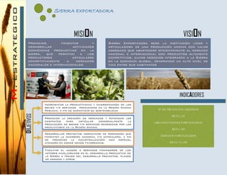 4
SIERRA EXPORTADORA
OBJETIVOSL
L
VISIONMISION
Sierra Exportadora será la institución líder y
articuladora de una producción andina con valor
agregado que abastecerá eficientemente al mercado
nacional e internacional con productos altamente
competitivos, cuyos negocios integrarán a la Sierra
en la economía global, generando un alto nivel de
vida entre sus habitantes
Promover, fomentar y
desarrollar actividades
económicas productivas en la
sierra, que permitan a los
productores articularse
competitivamente a mercados
nacionales e internacionales.
Incrementar la productividad y diversificación de los
bienes y/o servicios producidos en la Región Andina
Peruana, a fin de garantizar su sostenibilidad
Promover la creación de mercados y potenciar los
existentes para articular comercialmente la
producción de bienes y/o servicios generados por los
productores de la Región Andina.
Desarrollar proyectos normativos de promoción que
fomenten la inversión nacional y/o extranjera, a fin
de promover la industrialización con especial
atención en zonas menos favorecidas.
Facilitar el acceso a servicios financieros de los
actores involucrados en el desarrollo productivo de
la Sierra a través del desarrollo proyectos, planes
de negocio y otros.
INDICADORES
N° DE PROYECTOS ASISTIDOS
META: 110
ORGANIZACIONES FORTALECIDAS
META: 180
EMPLEOS FORTALECIDOS
META: 15, 500
 