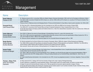 Management
26
Name Description
Daniel Tellechea
President & CEO
§  Mr. Tellechea received a B.Sc. in accounting (1968) and a Master's Degree in Business Administration (1983), both from the Tecnologico de Monterrey in Mexico
§  From 2003 to 2005, he served as President and CEO of Asarco LLC, and from 1999 to 2003 as CFO of Asarco LLC, as well as VP of Finance for Southern Peru
Copper Corporation
§  Previous to that, Mr. Tellechea served as the Managing Director of Finance and Administration for Grupo Mexico, Asarco's parent corporation, from 1994 to 2003
Fernando Piccini
Chief Financial Officer
§  Mr. Piccini has a B.Sc. in Business Administration from the Universidad de Lima (1997) and a MBA from the University of Virginia (2005)
§  From 2008 to 2011, he served as Chief Financial Officer and Head of Corporate Development of Volcan Compañía Minera S.A.A. in Peru
§  He has held various finance and treasury positions with Goldman Sachs & Co. in New York, General Motors Corporation in New York, Quimiza Ltda. in Bolivia and
Quimica Suiza S.A. in Peru
Carlos Villanueva
General Manager,
Sociedad Minera Corona
§  Since 1984, Mr. Villanueva has served as General Manager of Sociedad Minera Corona S.A., owner of the Yauricocha mine
§  From 1974 to 1984 he served as superintendent of Compania Minera Santa Rita, previous to that he was mine superintendent of Minas Canarias from 1970 to
1973, and he began his career in 1969 as mine manager at Cobre in Peru
§  Mr. Villanueva received a geological mine engineering degree from the Universidad Nacional de Ingenieria de Peru in 1968
Sergio Ramirez
General Manager,
Dia Bras Mexicana
§  Mr. Ramirez graduated from the School of Mines at the University of Guanajuato, Mexico (1968) with a degree in Mining Engineering and Metallurgy.
§  From 1968 to 2002 he worked with Grupo Mexico and achieved the position of Director of Mining Operations and Exploration (1989-2002). From 2002-2006 he
was the Director of State Programs within the Ministry of Economy for the Federal Government of Mexico.
§  Most recently Mr. Ramirez was the Director of Mining Operations for First Majestic Silver Corp. (2007-2012).
Herbert Fiedler
Commercial Manager
§  Mr. Fiedler has served as Commercial Manager of the Gubbins Group’s mines Sociedad Minera Corona, Compañía Minera Santa Rita, Sociedad Minera
Carolina, Minera Yauli and Yauricocha mine from 1991 to 2011.
§  From 1985 to 1989 he was partner and Commercial Manager of R.G.T. Minerales, one of the first Peruvian traders and commercial representative of Milpo in
Peru. He has also held, since 1978, strategic positions in mining and trading companies such as Hochschild Mining, Gerald Metals Inc., Samin Corp. and
Sudamin.
§  Mr. Fiedler studied Business Administration in the Universidad de Lima (1978). He also has postgraduate education in Commerce, Negotiation, Finance and Stock
Market.
Thomas L. Robyn, Ph.D.
Senior Vice President
Exploration
§  Dr. Robyn earned his Ph.D., Geology (1977) from the University of Oregon with a major in Igneous Petrology/Volcanology
§  35 years’ experience in management of mineral exploration projects, mineral property review for the capital markets, and advisor to private interests
§  He began his career with Anaconda Minerals Company and by 1982 was appointed as Anaconda's regional exploration manager in Norway
§  He has also held top-level positions with several junior companies and has overseen projects in such countries as Australia, Ecuador, Greenland, Norway, Liberia,
Equatorial Guinea, Guyana and Suriname, as well as several U.S. States
TSX-V:SMT BVL:SMT	
  
 