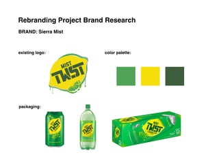 Rebranding Project Brand Research
BRAND: Sierra Mist
existing logo:
packaging:
color palette:
 