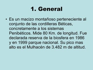 1. General Es un macizo montañoso perteneciente al conjunto de las cordilleras Béticas, concretamente a los sistemas Penibéticos. Mide 80 Km. de longitud. Fue declarada reserva de la biosfera en 1986 y en 1999 parque nacional. Su pico mas alto es el Mulhacén de 3.482 m de altitud. 