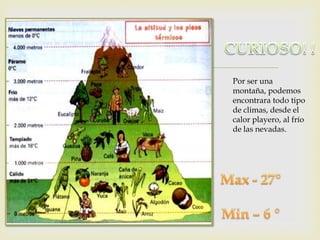  Por ser una
montaña, podemos
encontrara todo tipo
de climas, desde el
calor playero, al frío
de las nevadas.
 