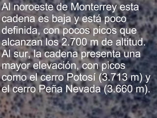 Al noroeste de Monterrey esta cadena es baja y está poco definida, con pocos picos que alcanzan los 2.700 m de altitud. Al sur, la cadena presenta una mayor elevación, con picos como el cerro Potosí (3.713 m) y el cerro Peña Nevada (3.660 m).  