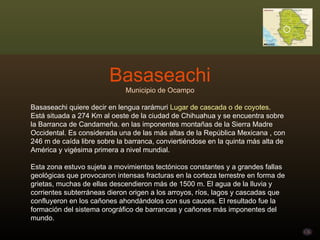 Basaseachi Municipio de Ocampo Basaseachi quiere decir en lengua rarámuri  Lugar de cascada o de coyotes .  Está situada a 274 Km al oeste de la ciudad de Chihuahua y se encuentra sobre la Barranca de Candameña. en las imponentes montañas de la Sierra Madre Occidental. Es considerada una de las más altas de la República Mexicana , con 246 m de caída libre sobre la barranca, conviertiéndose en la quinta más alta de América y vigésima primera a nivel mundial.  Esta zona estuvo sujeta a movimientos tectónicos constantes y a grandes fallas geológicas que provocaron intensas fracturas en la corteza terrestre en forma de grietas, muchas de ellas descendieron más de 1500 m. El agua de la lluvia y corrientes subterráneas dieron origen a los arroyos, ríos, lagos y cascadas que confluyeron en los cañones ahondándolos con sus cauces. El resultado fue la formación del sistema orográfico de barrancas y cañones más imponentes del mundo.  