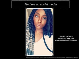 Find me on social media
Twitter: sierravon
Instagram: sierravon
www.soundcloud.com/s-von
https://www.facebook.com/photo.php?fbid=10205270248555636&set=a.1285310552749.34755.1829700568&type=3&theater
 