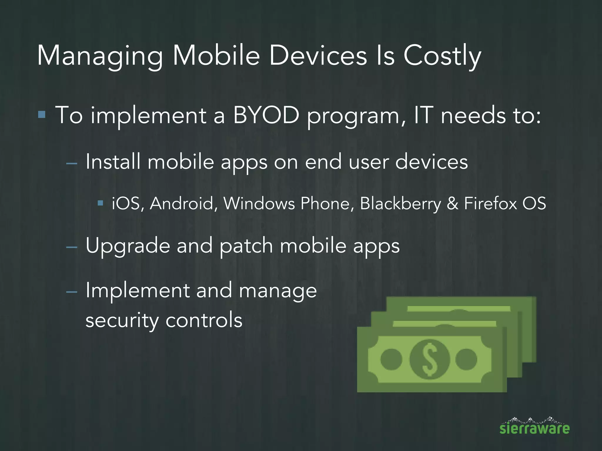 Architecture #1: Mobile App Virtualization
VMI Security
Gateway Clients
Authentication
Server
Benefits
 Very high density
 Apps can share resources like GPU
 Easy to manage
 No need for expensive storage
Considerations
 Cannot define hardware
resources per session
64-bit Android
Multi User Extensions
User 1
User 3
User 2
HW Offload
Engines
 