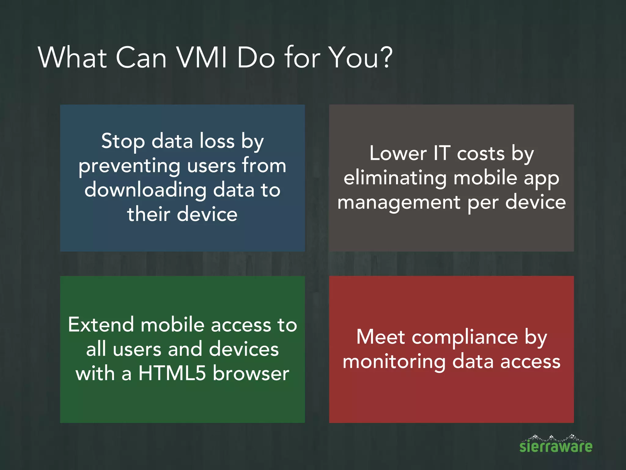 Securely Store and Distribute Content
Share sensitive videos using
multi-media redirection
– Ensure users do not capture
or download files
– Watermark images & videos
Store files on data center
servers, not users’ devices
 