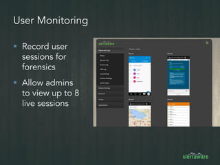 User Monitoring
 Record user
sessions for
forensics
 Allow admins
to view up to 8
live sessions
 