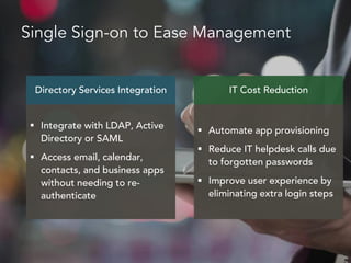 Single Sign-on to Ease Management
 Integrate with LDAP, Active
Directory or SAML
 Access email, calendar,
contacts, and business apps
without needing to re-
authenticate
 Automate app provisioning
 Reduce IT helpdesk calls due
to forgotten passwords
 Improve user experience by
eliminating extra login steps
IT Cost ReductionDirectory Services Integration
 