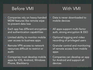 Before VMI With VMI
 Companies rely on heavy-handed
MDM features like remote wipe
to prevent data loss
 Each app has different encryption
and authentication capabilities
 Limited ability to monitor mobile
user access to business apps
 Remote VPN access to network
resources difficult to restrict or
audit
 Companies must develop mobile
apps for iOS, Android, Windows
Phone, Blackberry
 Data is never downloaded to
mobile devices
 All apps support multi-factor
auth, strong encryption & SSO
 Optional logging and video
recording of privileged users
 Granular control and monitoring
of remote access from mobile
apps
 Companies can develop an app
for Android and support all
devices
 