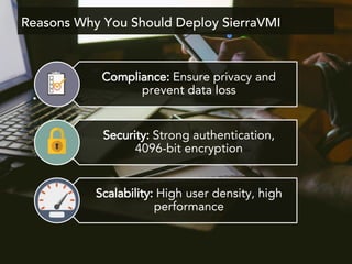 Compliance: Ensure privacy and
prevent data loss
Security: Strong authentication,
4096-bit encryption
Scalability: High user density, high
performance
Reasons Why You Should Deploy SierraVMI
 