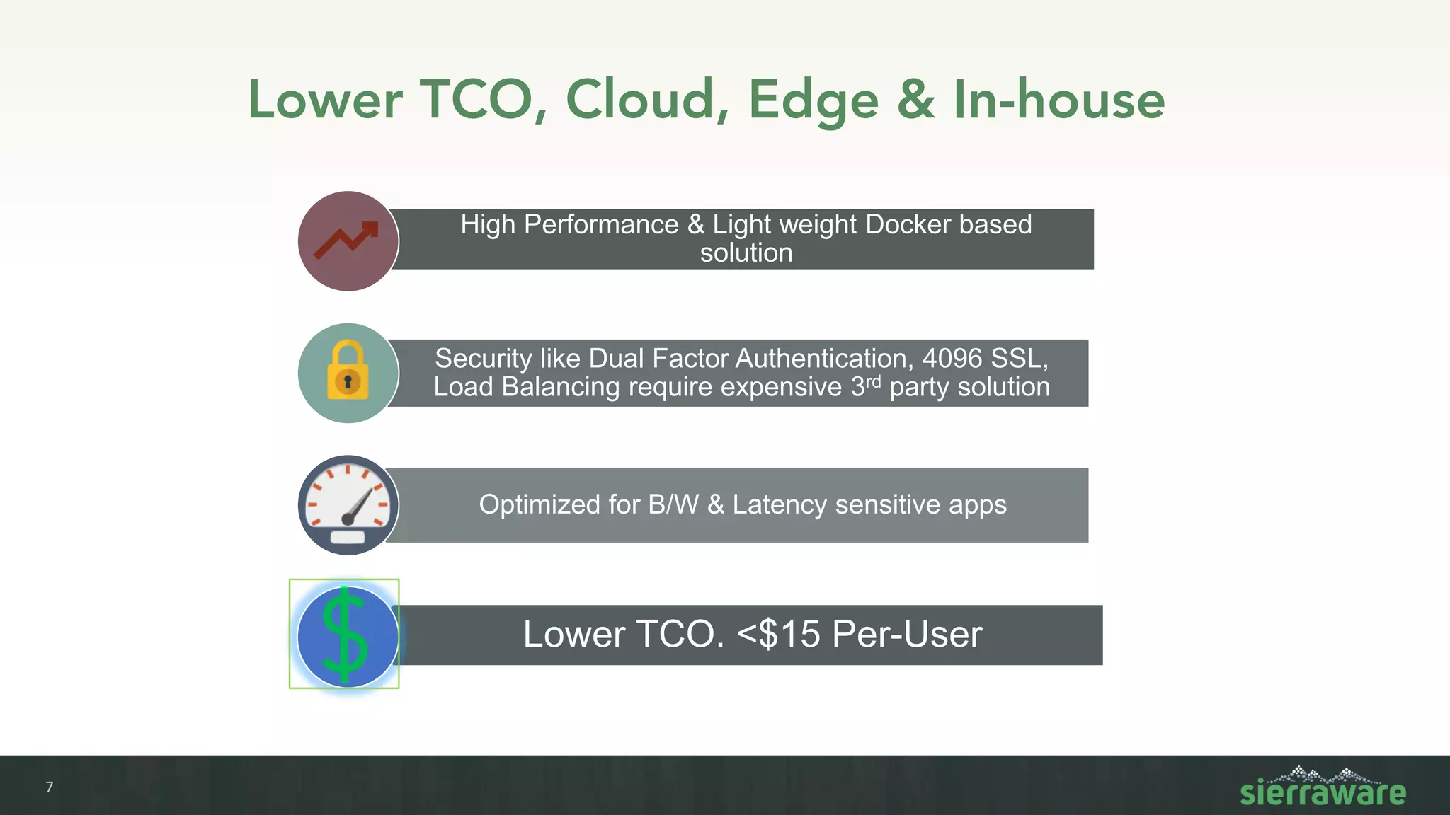 7
Lower TCO, Cloud, Edge & In-house
High Performance & Light weight Docker based
solution
Security like Dual Factor Authentication, 4096 SSL,
Load Balancing require expensive 3rd party solution
Optimized for B/W & Latency sensitive apps
Lower TCO. <$15 Per-User
 