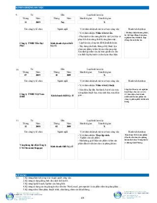 KINH NGHIỆM LÀM VIỆC
9.
10. Từ Đến Loại hình làm việc
Tháng
Từ
- Vị trí đảm nhiệm: Nhân viên kỹ thuật.
X
Thành tích đạt đư...
